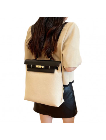 Women's Backpack - leather like beige material with black