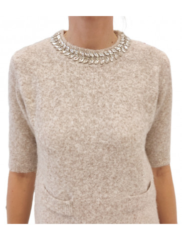 Women's soft wool blouse - embroidery with stones on the neckline