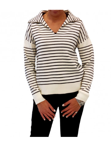 Women's Striped Viscose Sweater - Lapel Collar