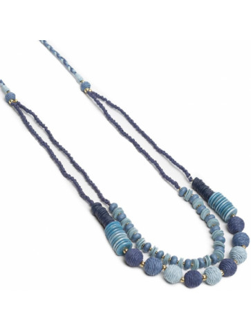 Long double necklace - raffia - blue